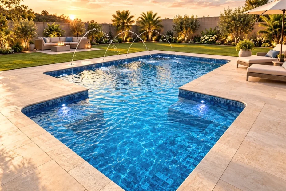 Piscina de vinil com revestimento azul em área de lazer